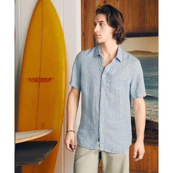 FAHERTY Men’s Short Sleeve Palma Blue Linen Button Front Shirt XL